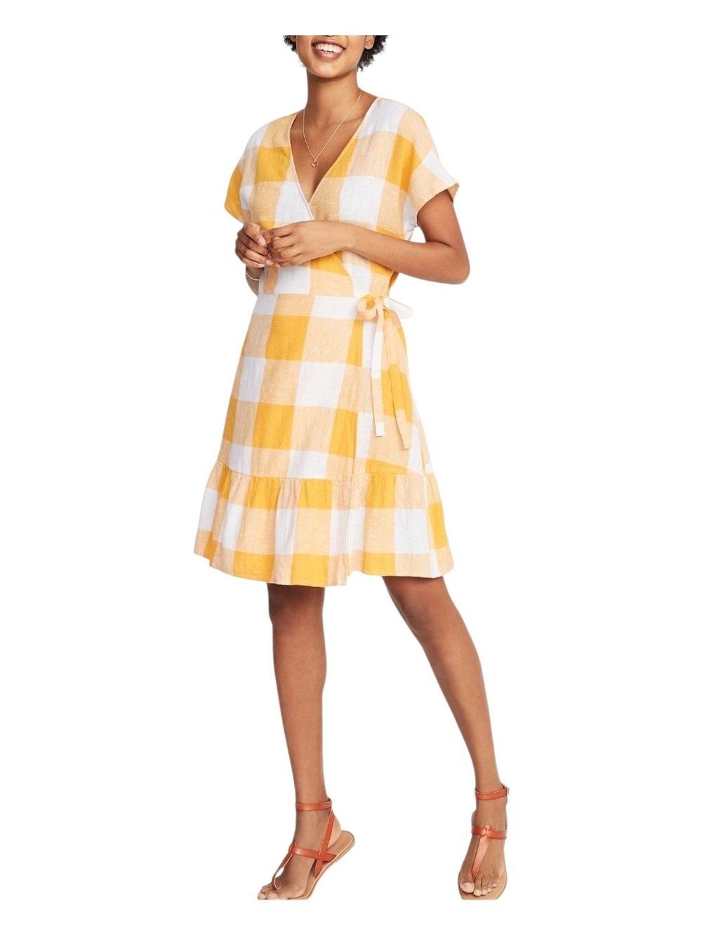 Old Navy Linen Blend Yellow and White Gingham Short Sleeve Wrap Dress Size L
